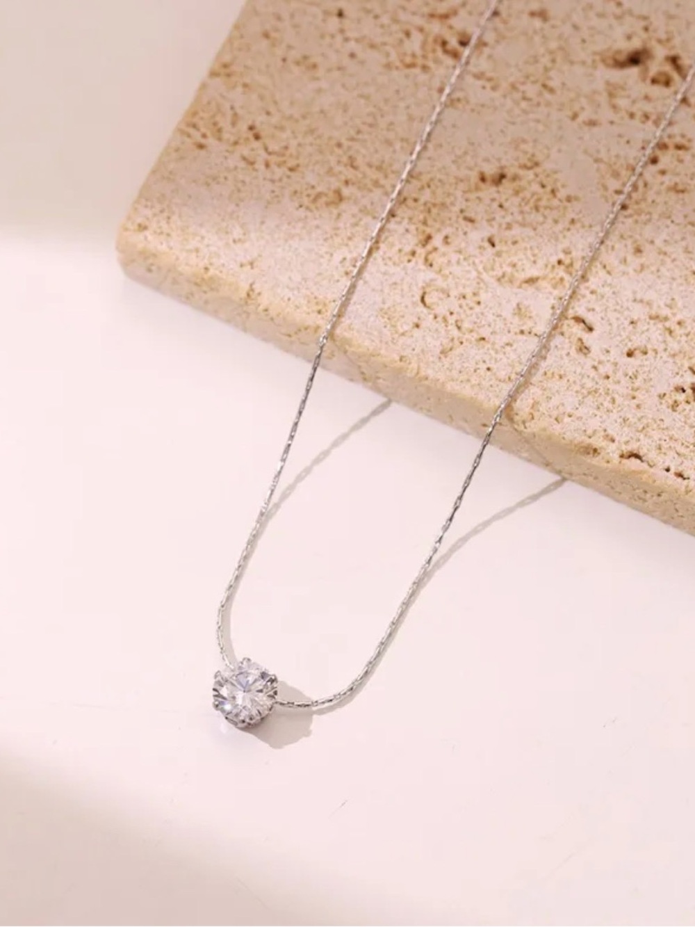 Silver Tone Solitaire Style Necklace | Stainless Steel Dainty Everyday Necklace